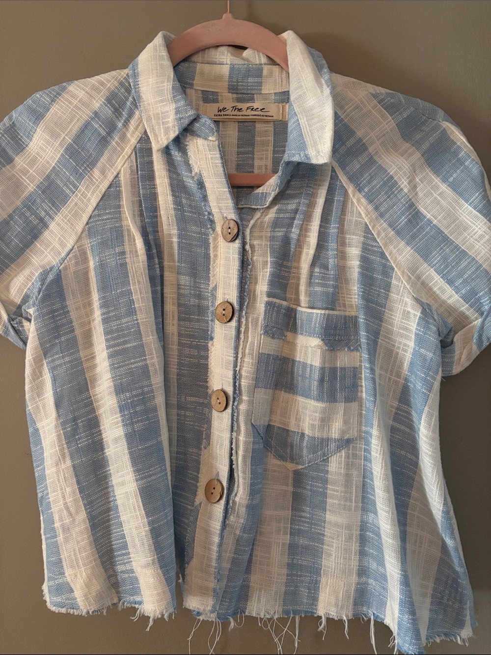 We The Free Light Blue & White Striped Cropped Button-Up Top
